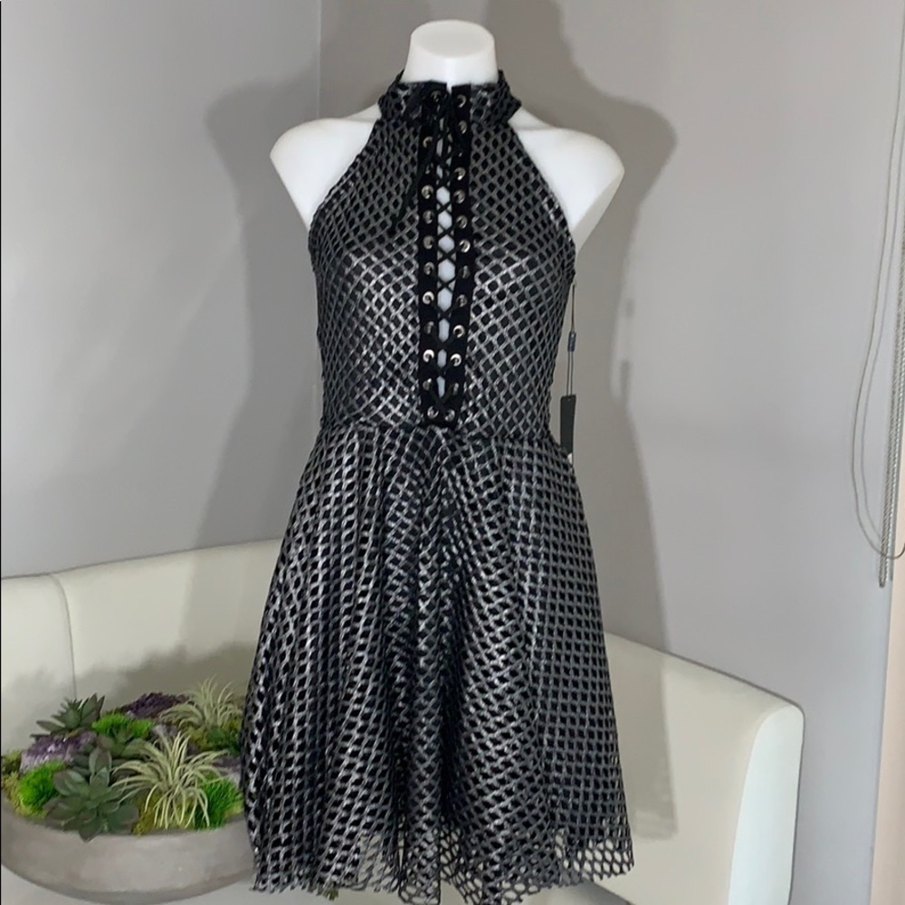 New Sentimental Cage High Neck Lace Up Metallic dress black medium nwt